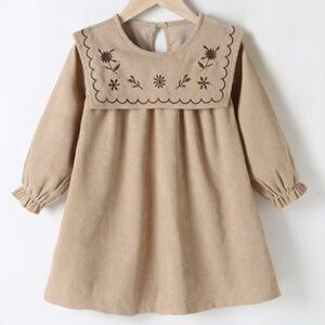 SHEIN Flower Embroidered Flounce Sleeve Keyhole Back Corduroy Dress 7/8